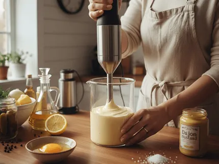 Domácí výroba majonézy, žena míchá ingredience – vejce, olej a hořčici.