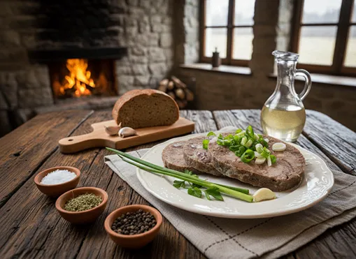 Tlačenka s najemno krájenou cibulí a krajícem chleba