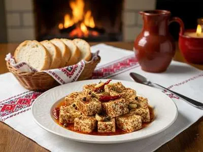 Nakládaný balkánský sýr s čubricí červenou.