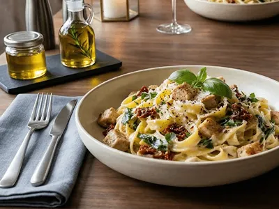 Tagliatelle se sušenými rajčaty a parmezánem.