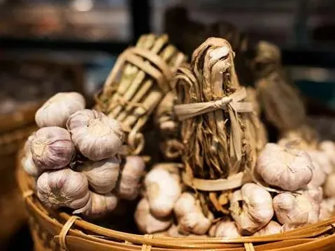 Spletený česnek uložený v koši, tradiční způsob skladování česneku.