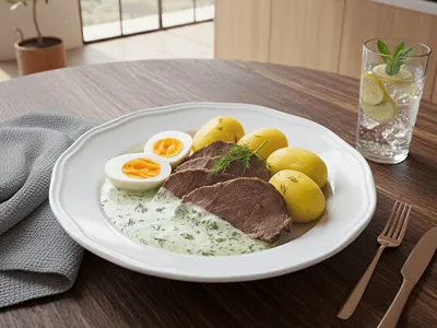 Koprová omáčka s vejcem, masem a bramborem.