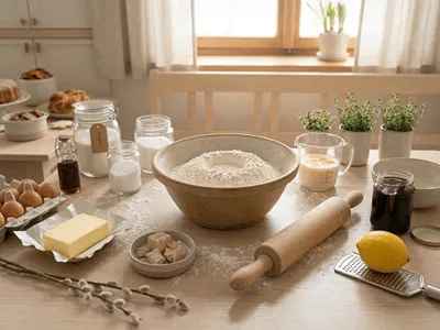 Ingredience na koláče s tvarohem a povidly.