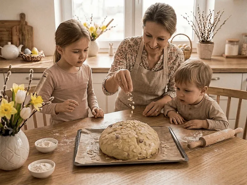Žena posypává mazanec plátkovými mandlemi.