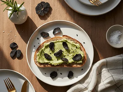 Plátek chleba s pomazánkou a kousky černého česneku, superpotravina v jednoduchém podání.