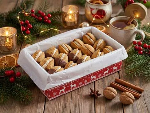 Plněné oříškové cukroví uložené v krabici k uskladnění