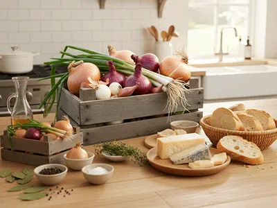 Suroviny na francouzkou cibulačku.