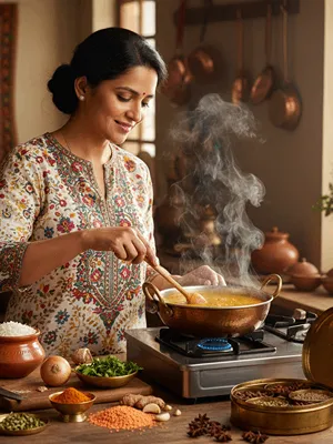 Žena vaří indická jídla.