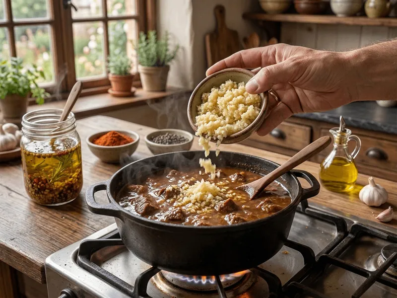 Dochucení guláše grilovaným česnekem.