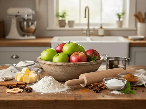 Ingredience na jablečný koláč na stole: čerstvá jablka, máslo, mouka, cukr a mletá skořice připravené na domácí pečení.