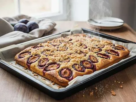 Upečený švestkový koláč na plechu, čerstvě vytažený z trouby, se šťavnatými švestkami a zlatavou kůrkou.