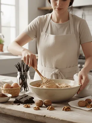 Žena míchá těsto na pařížské rohlíčky v míse.