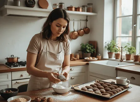 Žena obaluje čerstvě upečené pracny v moučkovém cukru s vanilkou.