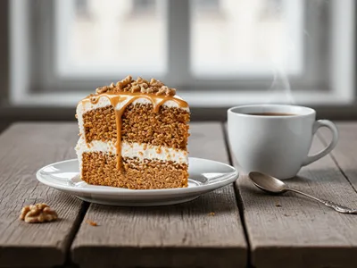 Kousek mrkvového dortu na talířku vedle kávy.