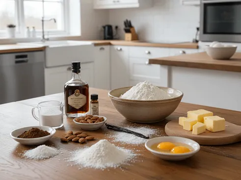 Suroviny na přípravu Išelského cukroví, rozložené na stole – mouka, ořechy, máslo, kakao a další ingredience připravené k pečení.