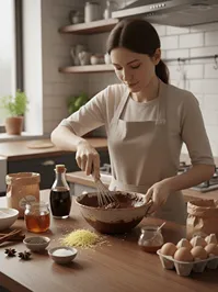 Příprava perníku: žena ručně promíchává těsto na perník v kuchyni.