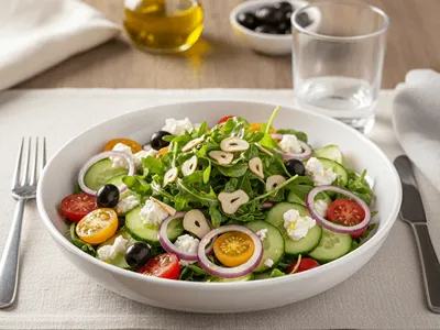 Zeleninový salát zdobený sušenými plátky česneku.