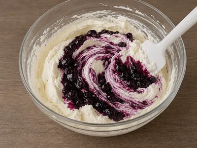 Mascarpone krém s borůvkovým konfitem. 