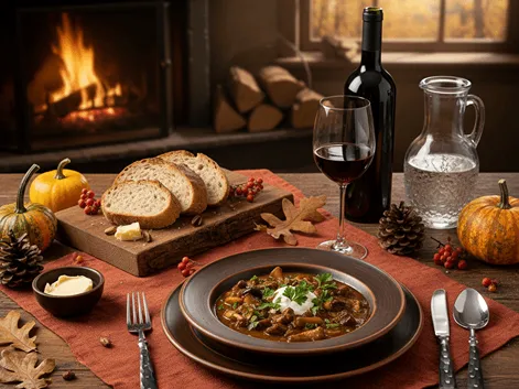 Servírovaný houbový guláš v rustikální jídelně, na stole chléb, máslo a sklenka červeného vína, v pozadí hořící krb vytváří útulnou atmosféru.