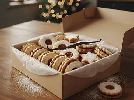 Linecké cukroví uložené v krabici, připravené k uskladnění nebo darování.