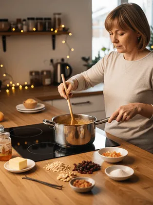 Krok 1- Žena vaří základní těsto na marokánky v hrnci