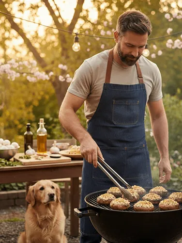 muž griluje plněné žampióny