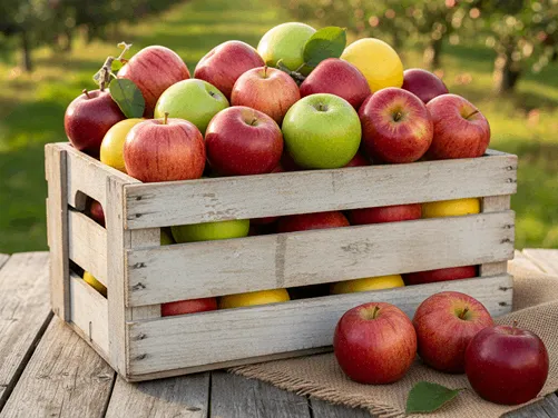 Různé druhy jablek uložené v dřevěné bedýnce, červená, zelená a žlutá jablka.