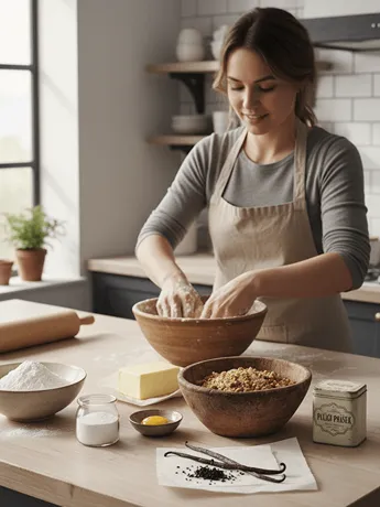 Žena připravuje těsto v míse, domácí pečení v kuchyni.