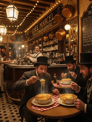 Obrázek stylového starofrancouzského bistra, kde se podává tradiční cibulačka.