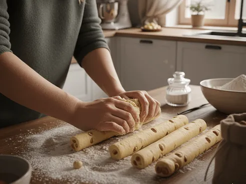  Krok 2: Příprava cukroví, žena formuje válečky z těsta.