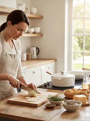 Žena krájí cibuli na cibulačku.