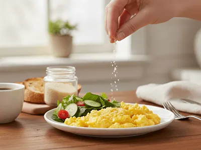 Míchaná vajíčka sypaná granulovaným česnekem.