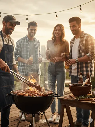 Skupina přátel griluje maso a zeleninu na zahradě – letní grilování s vůní koření a marinád.