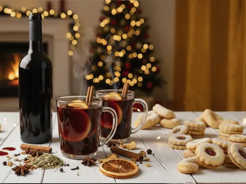 Dva hrnky svařáku ozdobené kořením ve vánoční atmosféře.