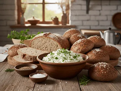 Čerstvé pečivo s chlebovým kořením s pomazánkou.