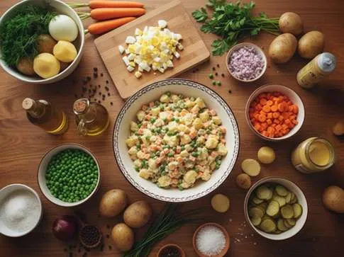 Bramborový salát a ingredience na jeho přípravu, jako brambory, vejce, majonéza a zelenina.