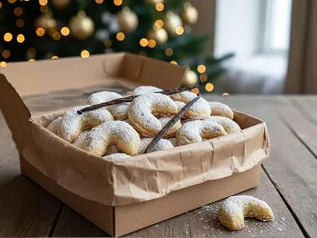 Vanilkové rohlíčky uložené v krabici, připravené k uskladnění nebo darování.