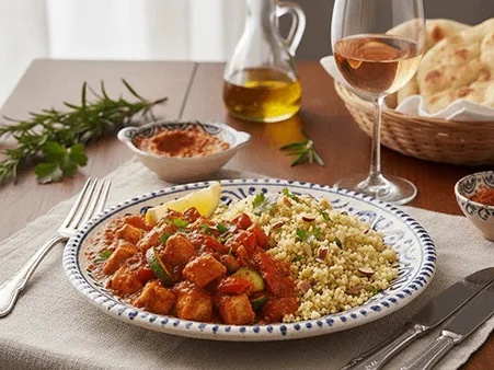 Kuřecí maso s kuskusem ochucené kořením harissa.