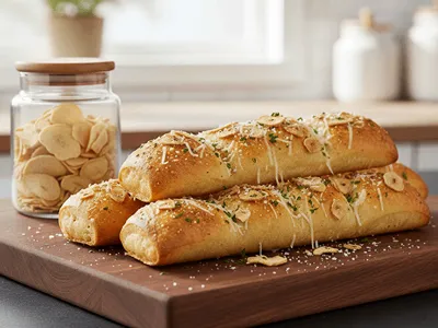 Bageta pecená s plátkovým česnekem.