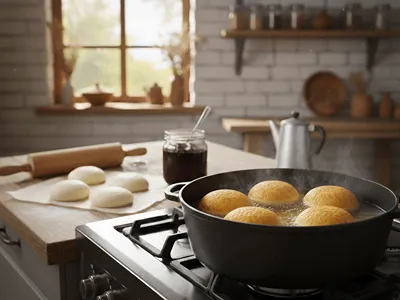 Smažení koblih v oleji.