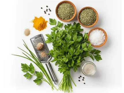 Koření a bylinky do Karlovarského knedlíku – muškátový oříšek, petrželka, pepř a sůl pro tradiční český recept.