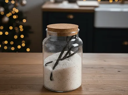 Domácí vanilkový cukr ve sklenici s vanilkovými lusky.