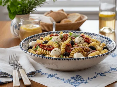 Těstovinový salát se sušenou bazalkou.