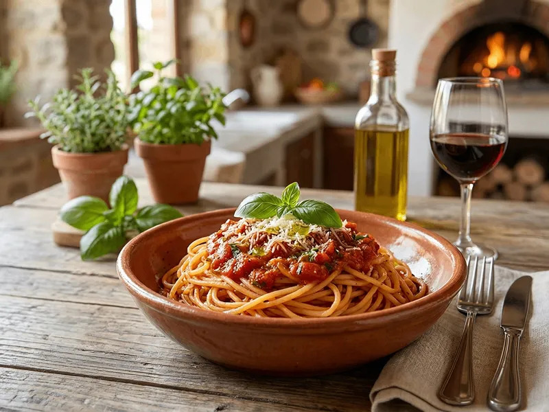 Těstoviny s rajčatovou omáčkou a pizza kořením.