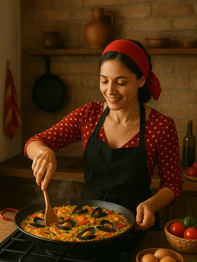 španělká žena vaří paellu