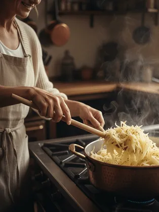 Žena míchá dušené bílé zelí – tradiční český recept k pečené huse a houskovému knedlíku.