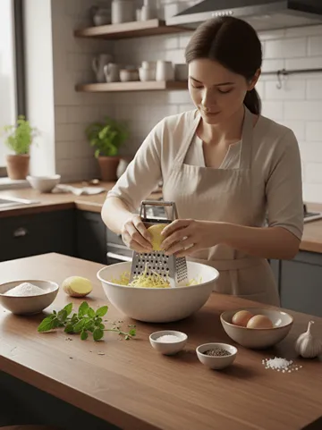 Domácí výroba bramboráku: žena strouhá brambory, vedle misky se surovinami na tradiční český recept.