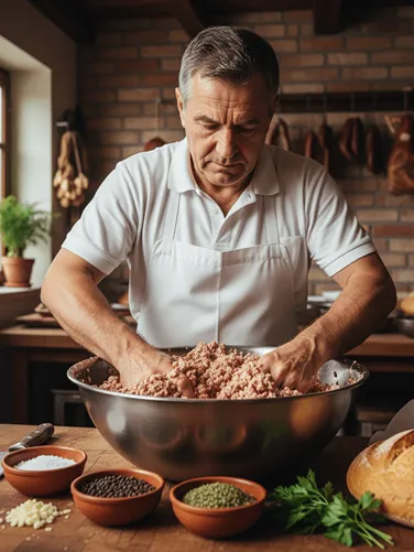 Příprava masové směsi, muž promíchává mleté maso.