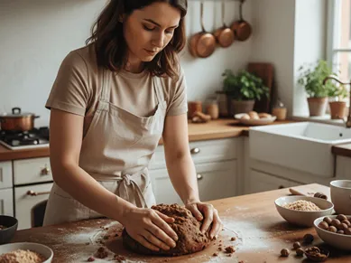Žena ručně zpracovává těsto na vánoční cukroví, příprava domácího pečení.