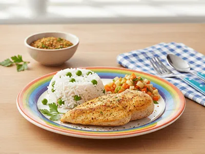 Dětské jídlo: přírodní plátek s kořením bejby gril, rýží a hráškem.